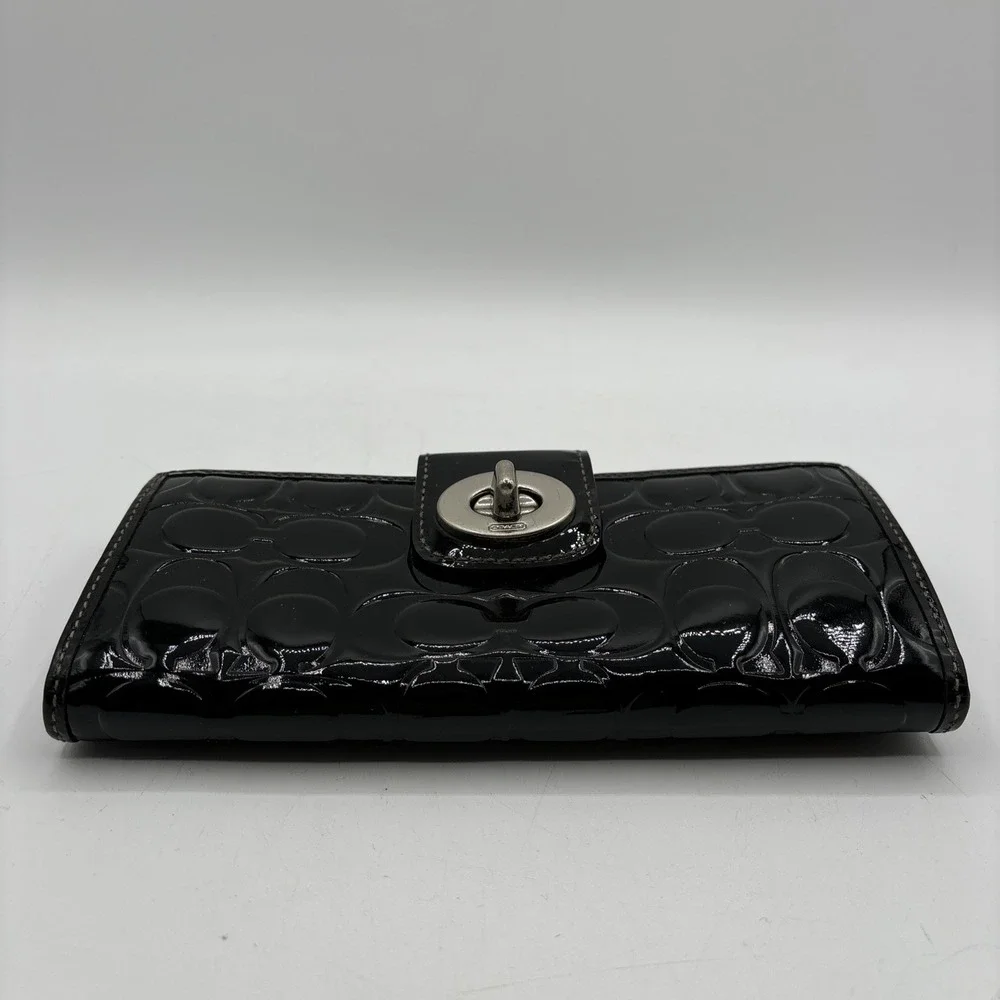 Coach‎ Black Patent Leather Signature C Embossed Turnlock Slim Long Wallet